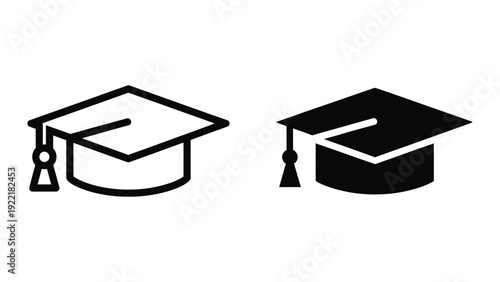 Graduation Cap Outline and Solid Icon Vector for Academic Achievement Symbols