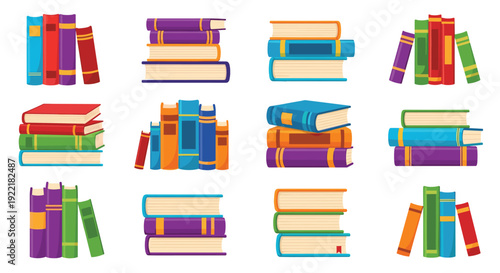 A colorful vector graphic illustration of multiple stacked books in various positions