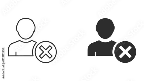 User icon with a cross mark, indicating deletion, removal, or cancellation of a profile or account, in outline and solid
