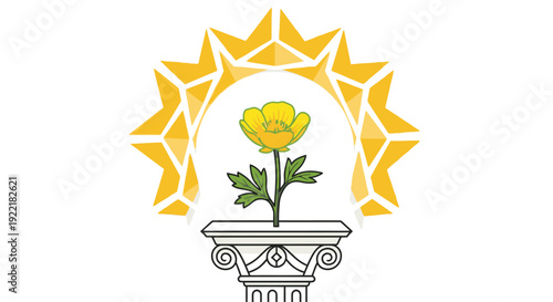Flower growing from classical column capital with sunburst