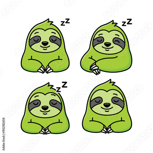 Cartoon sloth sleeping set with zzz in various poses on white background