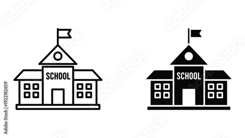Minimalist School Building Icon with Flag for Education and Academic Design