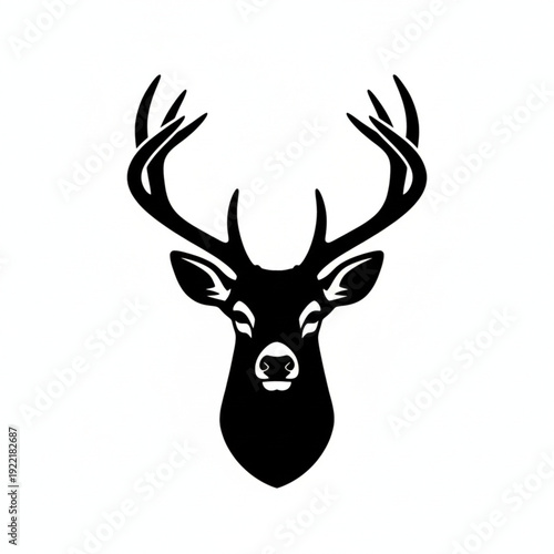 Black Deer Head Silhouette with Large Antlers Isolated on White Background