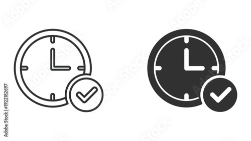 Clock with Checkmark Icon: Time Management Symbol in Outline and Solid Styles, Representing Task Completion
