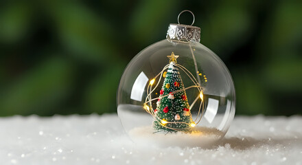Tiny Christmas Tree Inside a Clear Glass Ornament with Twinkling Fairy Lights on Snowy Ground