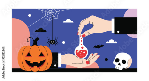 Spooky Halloween illustration featuring a carved pumpkin, white skull, and hands preparing a mysterious red potion under a spider web.
