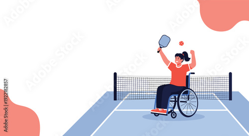 Active woman in a wheelchair playing pickleball on an outdoor court during a sunny day showing inclusive sports and accessibility for all.