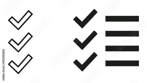 Checklist icon with checkmarks, to-do list and task completion concept, outline and solid fill vector illustration