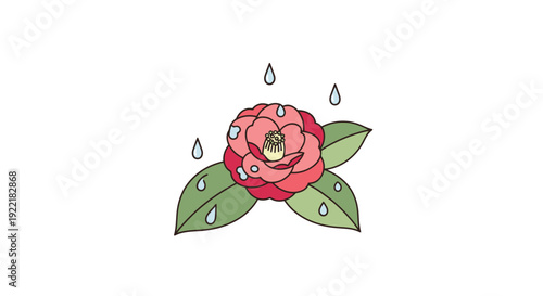 Red Camellia Flower with Leaves and Water Droplets
