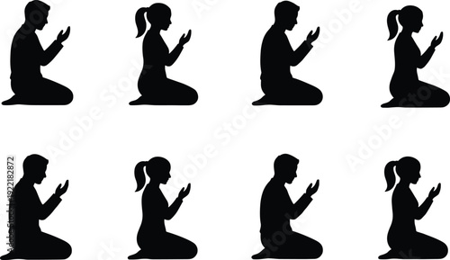 Praying People Silhouette Collection Showing Muslim Prayer Positions, Spiritual Worship Gestures, Religious Devotion and Faith Meditation Human Posture Illustration Set