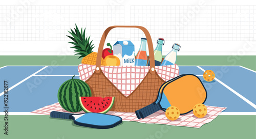 Picnic basket filled with fresh fruit and drinks sitting on a court next to pickleball paddles and balls for a fun outdoor recreation day.