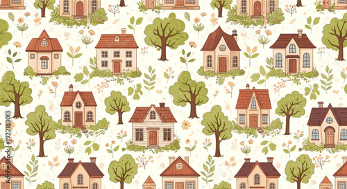 Charming seamless pattern showing a cozy village neighborhood with various small houses and green leafy trees on a light cream background.