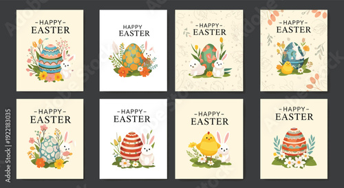 Collection of eight festive Happy Easter greeting card designs featuring colorful decorated eggs, cute bunnies, chicks, and spring flowers.