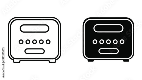 Modern minimalist toaster icon set, outline and filled versions, vector illustration for breakfast or kitchen concepts.