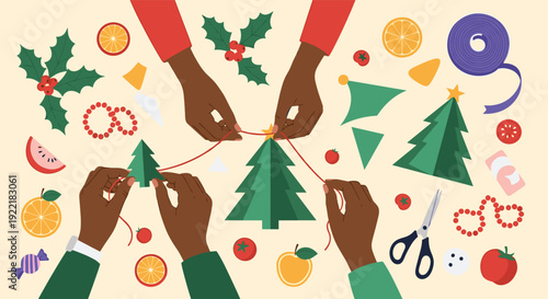 Group of people crafting handmade Christmas decorations with paper trees, dried fruit, and ribbons for a festive holiday craft activity.