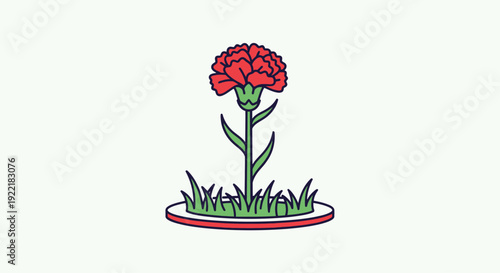 Red carnation plant growth in grass on a circular patch