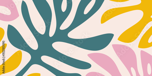 Abstract botanical shapes in teal yellow and pink hues