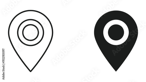 Location pin icons: outline and solid black vector