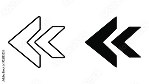 Double Left Arrow Icon - Outline and Solid Black Vector