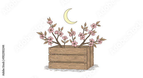 Wooden crate with blooming cherry branches and crescent moon
