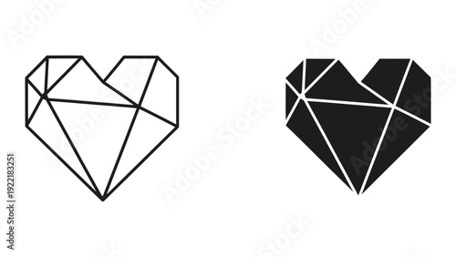 Modern Geometric Heart Icon Set with Faceted Wireframe and Solid Designs