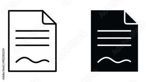 Document icon with lines and wavy text, representing a contract or report, available in outline and silhouette.
