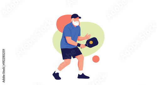 Energetic senior man with a white beard playing pickleball on an outdoor court demonstrating an active lifestyle for healthy older adults.