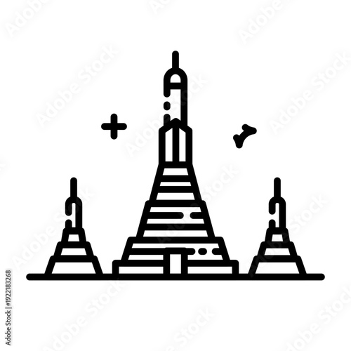 Wat Arun Buddhist Temple Icon Bangkok Thailand Landmark in Minimalist Line Art Style
