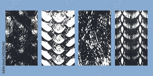 Four vertical panels displaying differing textured abstract black and white patterns