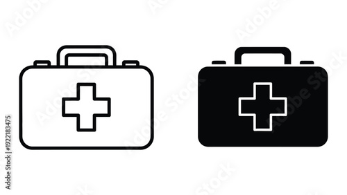 Doctor's medical bag with cross symbol, icon for healthcare, emergency, and professional aid services, in outline and solid black.