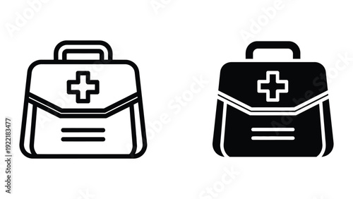 First aid kit bag with cross symbol, representing medical emergency supplies and healthcare, in outline and solid black.