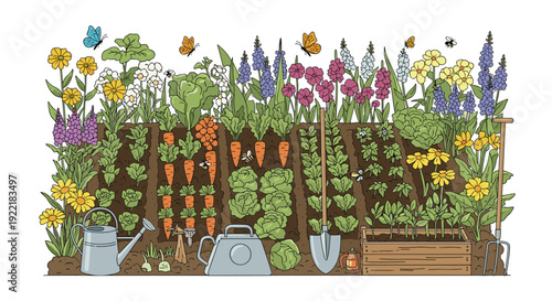 Lush and detailed home vegetable garden featuring rows of carrots, cabbage, flowers, and gardening tools like a watering can and shovel tool.