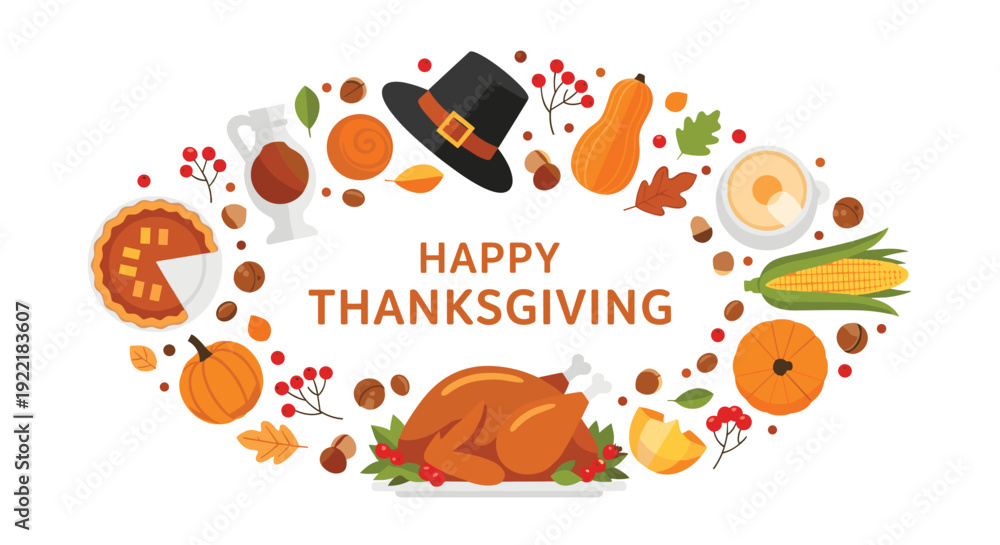 Fototapeta premium Festive Thanksgiving oval frame featuring a roasted turkey, pumpkin pie, pilgrims hat, corn, pumpkins, and autumn leaves on white background.