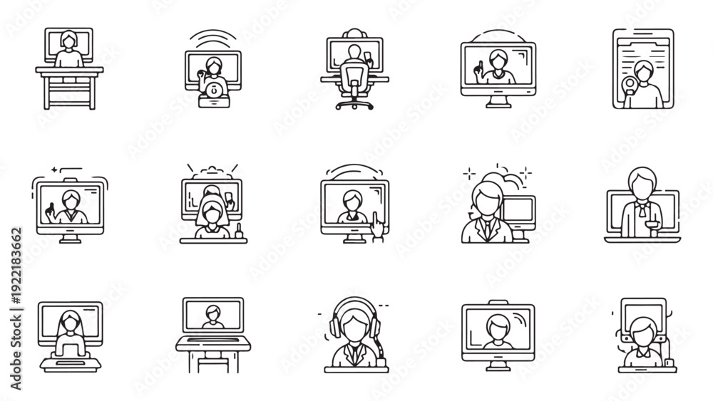 Fototapeta premium Minimalist vector icons of people using digital devices