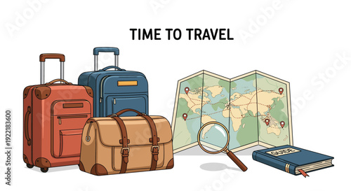 Essential travel equipment collection including vintage suitcases, a leather bag, a world map, a magnifying glass, and a blue guide book.