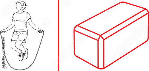 Minimalist fitness vector icons featuring a black-and-white outline of a person jumping rope and a red outline of a yoga block, separated by a vertical red line on a white background.