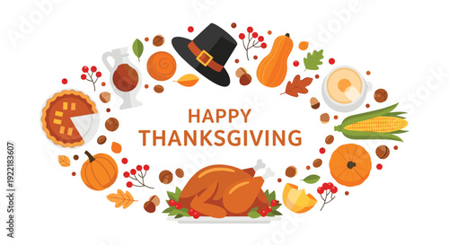 Festive Thanksgiving oval frame featuring a roasted turkey, pumpkin pie, pilgrims hat, corn, pumpkins, and autumn leaves on white background.