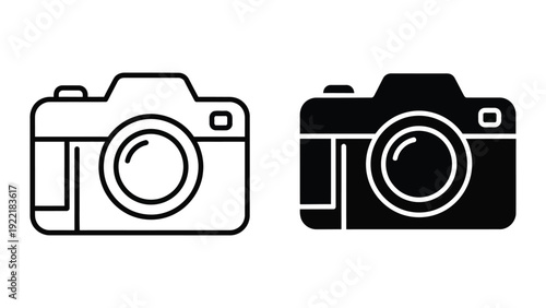 Professional DSLR Camera Icon Set with Outline and Solid Fill Styles