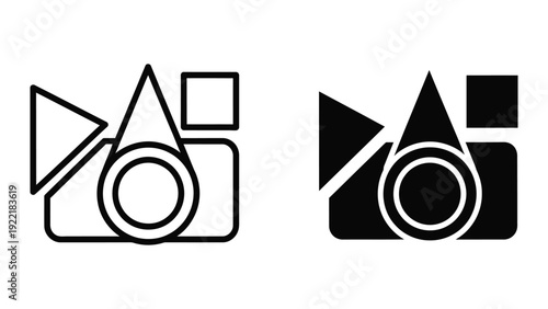 Camera and Play Button Icon Set: Outline and Filled Media Symbols