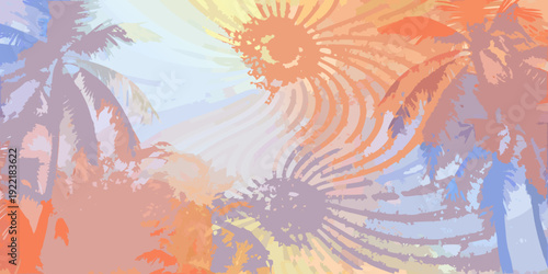 Abstract palm trees and sunburst against a pastel colored sky