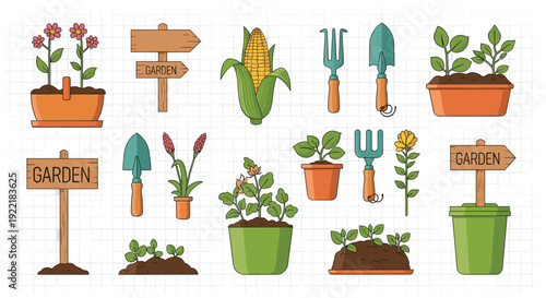 Large set of gardening icons including various potted flowers, corn, sprouts, hand tools, and wooden garden signs on a white grid background.