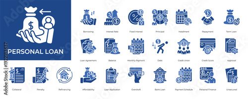 Personal Loan Icon set Collection in Glyph Two Color Style. personal, loan, borrowing, lender, debt, credit