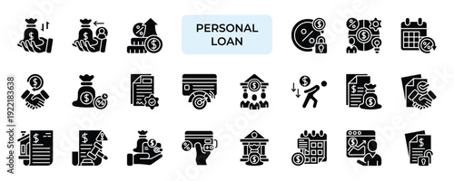 Personal Loan Icon set Collection in Solid Glyph Style. personal, loan, borrowing, lender, debt, credit