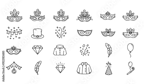 Modern Carnival Mask Icons – Festival Celebration Costume Outline Vector