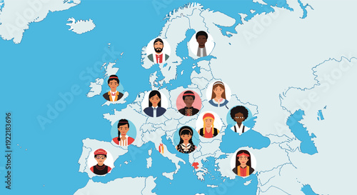 Map of Europe showing the geographic locations of various diverse people represented by portraits in circles to illustrate world demographics.