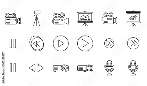 Video Camera and Presentation Board Outline Icons – Media and Graphic Vector Illustration