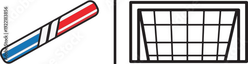 A sports vector set featuring a colorful red, white, and blue relay baton alongside a black outline of a soccer or hockey goal. Ideal for team sports and track athletics themes.