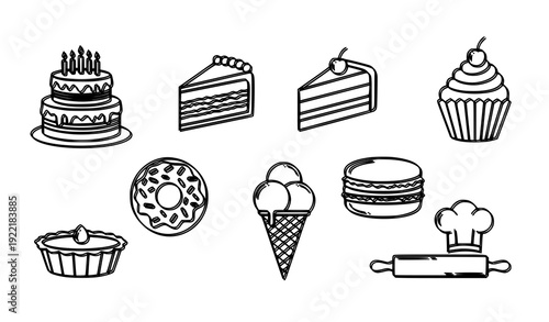 Modern Cake Icons – Dessert Outline Vector Illustration