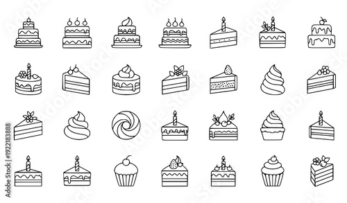 Bakery and Cake Vector Icons – Dessert Outline Illustration Set