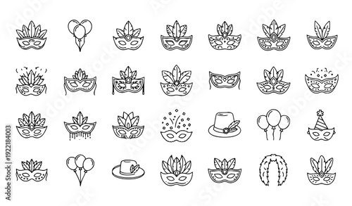 Masquerade and Carnival Festival Outline Icons – Celebration Costume Vector